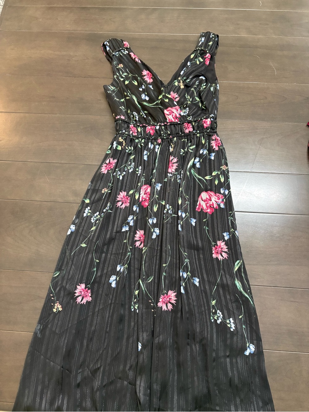 White House Black Market Black Floral V-Neck Maxi Dress with Pink Accents